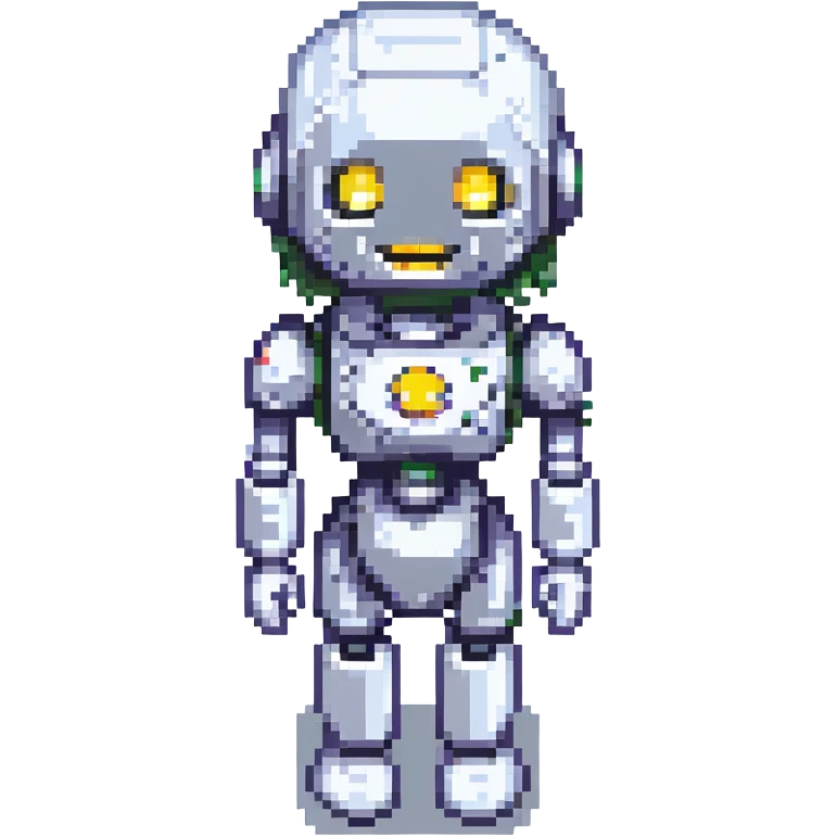 portrait of a cute female recruiter robot, 8-bit pixel art style, metallic, smiling emoji