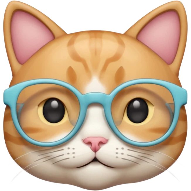 A cute cat emoji wearing geek-chic glasses, minimal design, simple shapes, soft pastel colors, clean vector style, centered composition, emoji style, smooth lines, subtle shadow, high resolution, transparent background, PNG format, no background emoji