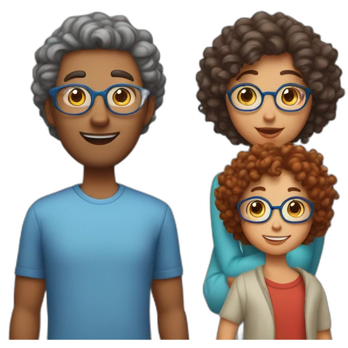 a family of four with father with grey hair mother with curly red hair and blue glasses son with brown hair and little daughter with curly brown hair emoji