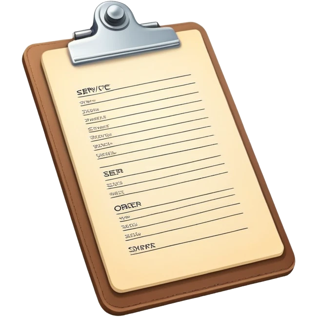 clipboard holding a simplified service order paper with faint lines, with a small gear symbol, clean vector art, bright colors, isolated emoji