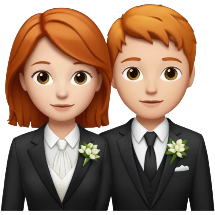 lesbian couple getting married. one ginger one brunette. ginger in a suit brunette in a dress emoji