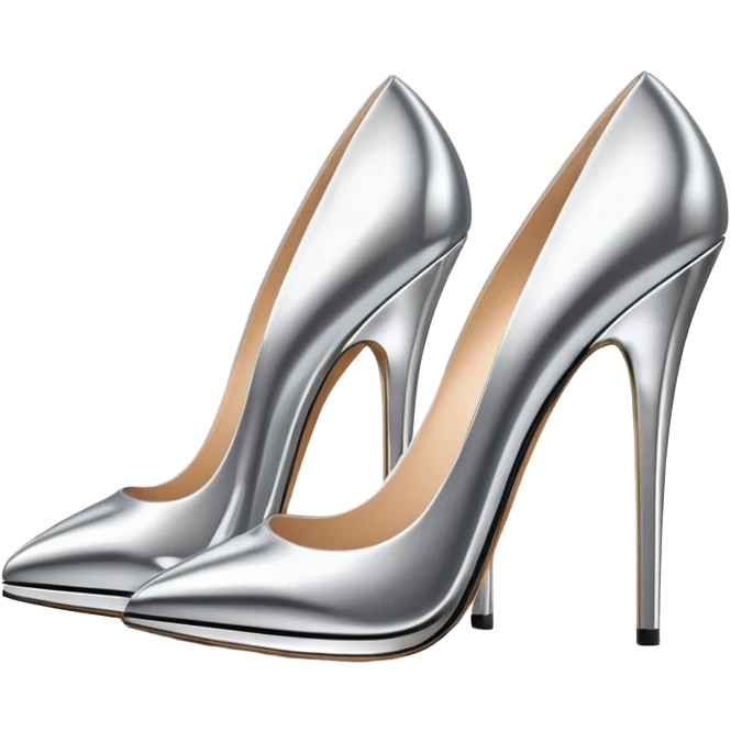 A pair of high heel shoes emoji made of polished silver chrome, elegant sharp silhouette, smooth metallic surface, glossy reflections, luxury sexy vibe, minimalistic iOS emoji style, centered, clean white background emoji