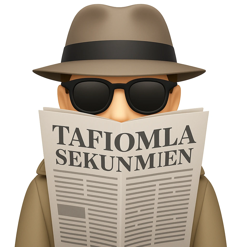 Hide the spy's face completely behind the newspaper, showing only his black sunglasses above the paper. Keep the fedora, gray trench coat, and playful emoji style. emoji
