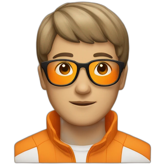 a man with a bowl cut brown squar glasses, a orange jacket emoji