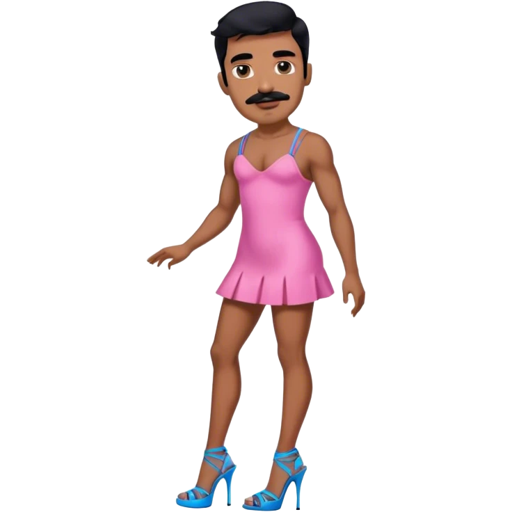 Man in a pink mini dress and blue strappy high heels with black hair and black mustache and brown skin emoji
