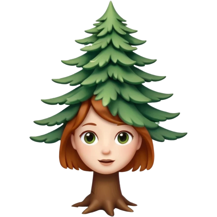 Style memoji iphone. Un petit sapin vert sylvestre, féminin, regard malicieux, tâches de rousseurs délicates, joues roses. Yeux de biche brillants en forme amande, yeux couleur ambre, tronc couleur acajou. Sapin en mouvement, incurvé pour un effet vivant. emoji