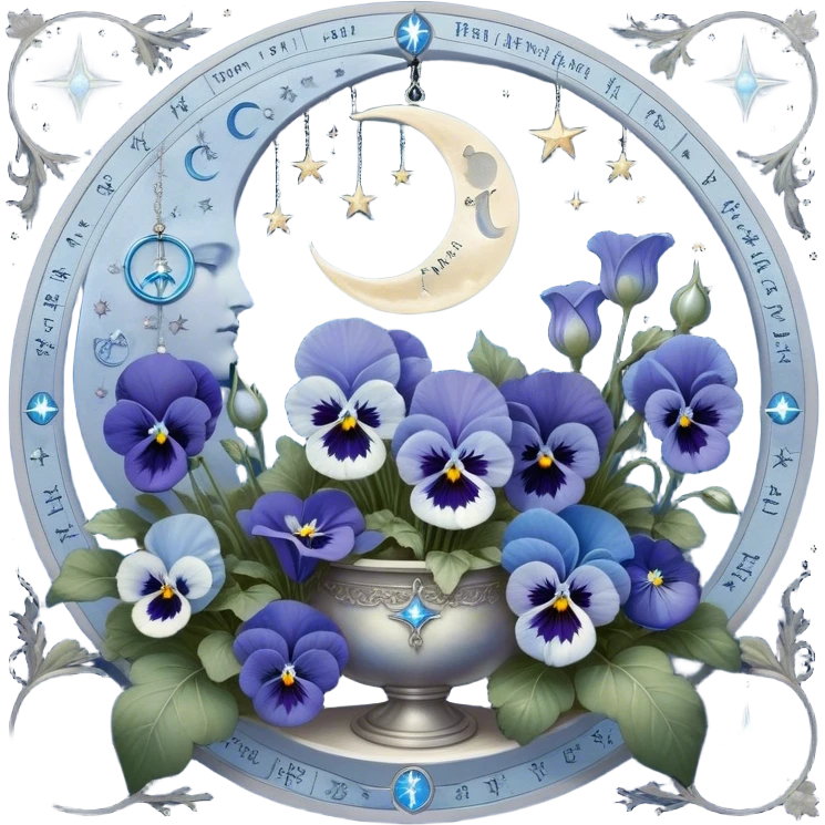 A dreamlike composition where deep and light blue pansies bloom in harmony, forming a celestial garden bathed in moonlight. A silver crescent moon dominates the sky, adorned with astrological sigils that softly pulse with energy. Suspended in the background are glowing planetary alignments, connected by delicate silver threads forming an intricate star chart. A round, pearl-colored candle, resting on an open book of cosmic wisdom, flickers with an otherworldly flame, casting symbols of the zodiac in its soft glow. Wisps of blue mist swirl around, revealing glimpses of lunar eclipses and distant galaxies, creating a scene filled with mysticism and cosmic wonder. emoji