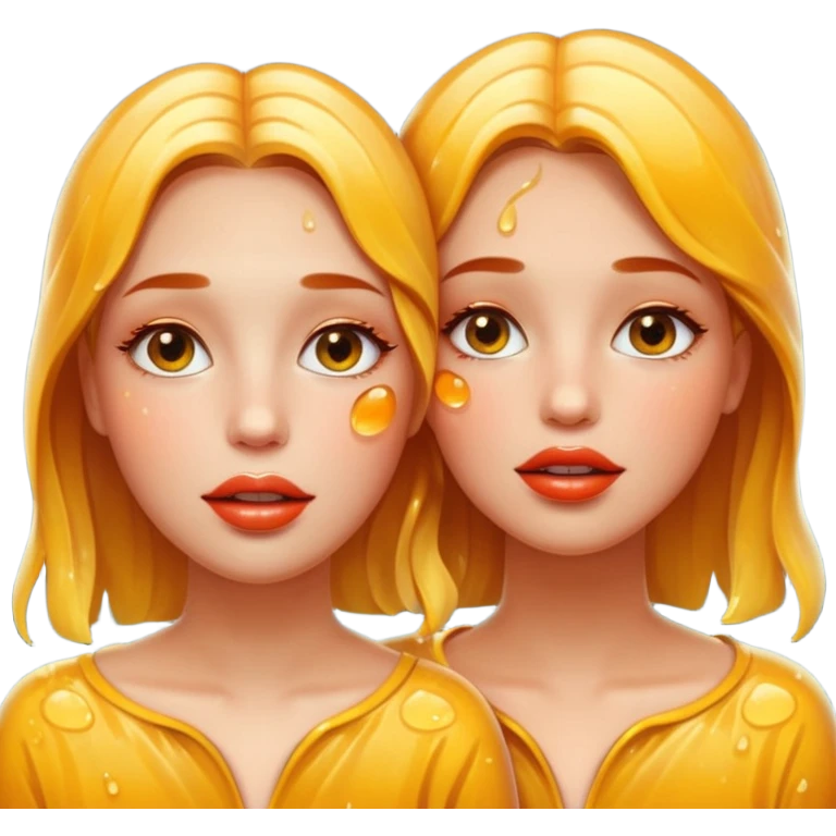 portrait two women wet faces and honey gloss lips touching, fireflies glowing emoji