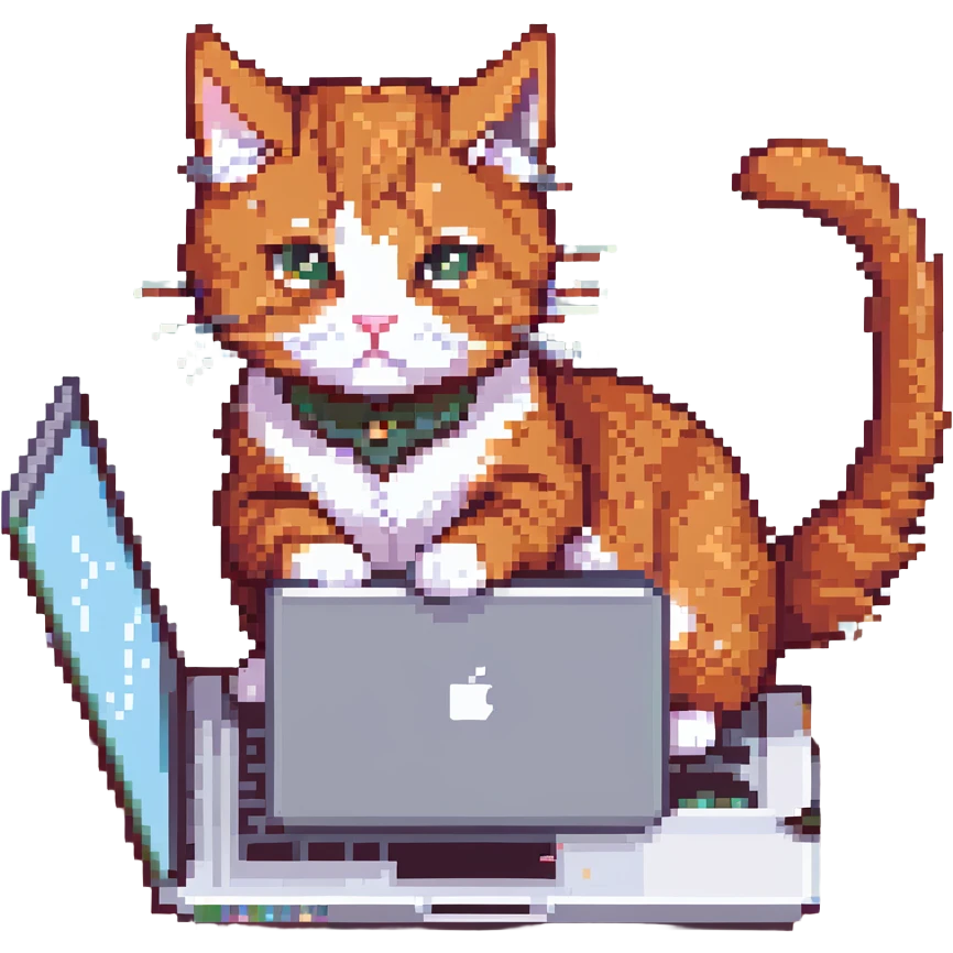 redhead cat working hard on a MacBook, energetic, focused, cute, pixel art style emoji