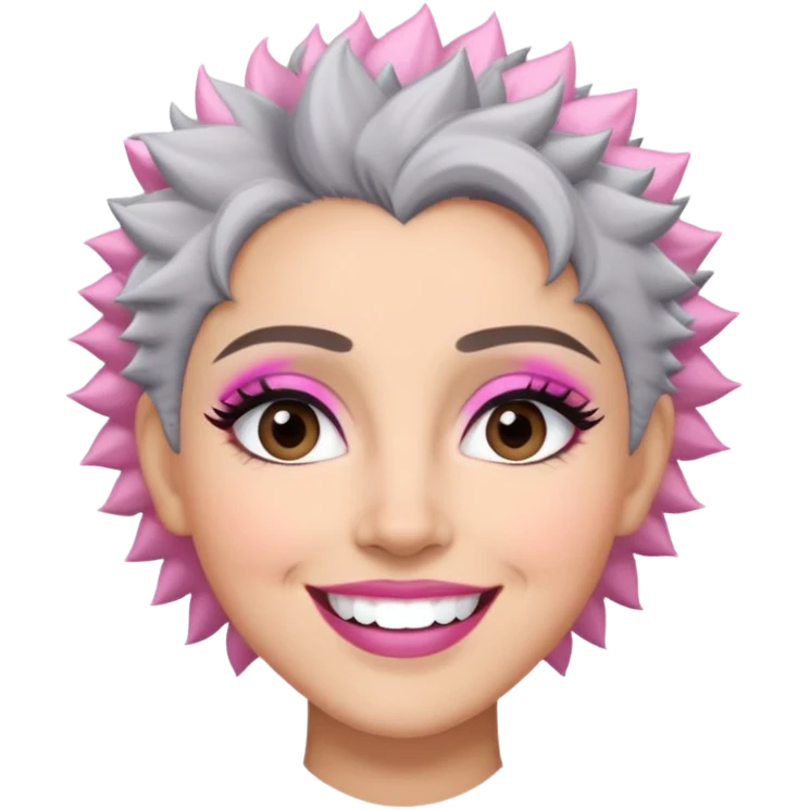 Close-up of Marian Pabón with defined facial structure, light skin with pink undertones, almond eyes with makeup, arched eyebrows, charismatic wide smile, and short spiky gray hair emoji