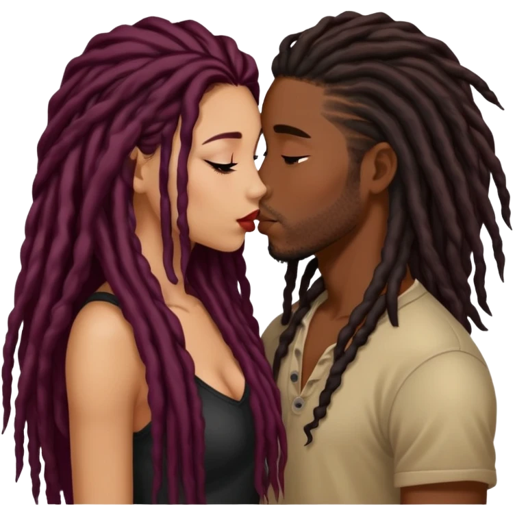 Dark Wine colored hair Latina long hair, kissing young black guy with dreads emoji