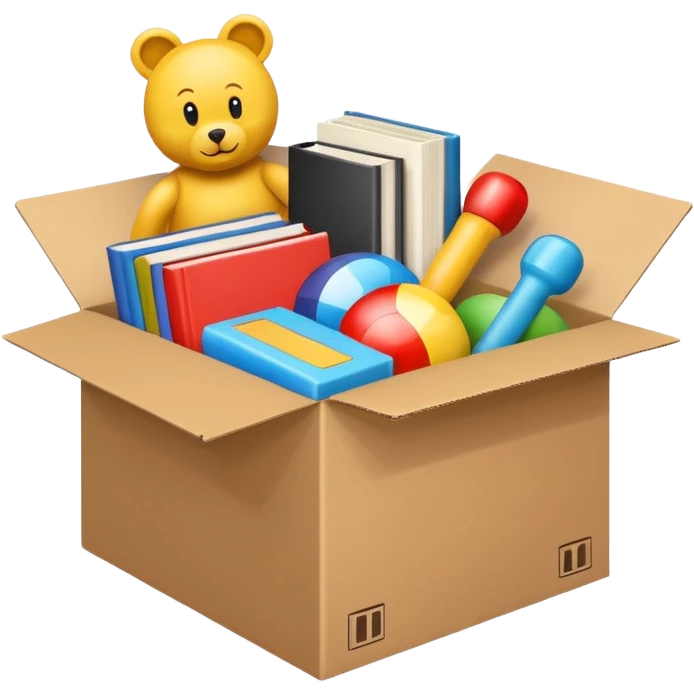 cardboard box with toys, rc, books, CD, realistic emoji