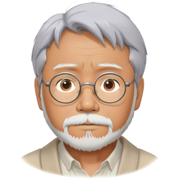 Cinematic Realistic Hayao Miyazaki Portrait Emoji, depicted as a visionary filmmaker with a gentle imaginative expression and artistic flair, rendered with delicate textures and soft enchanting lighting that captures his legendary storytelling. emoji