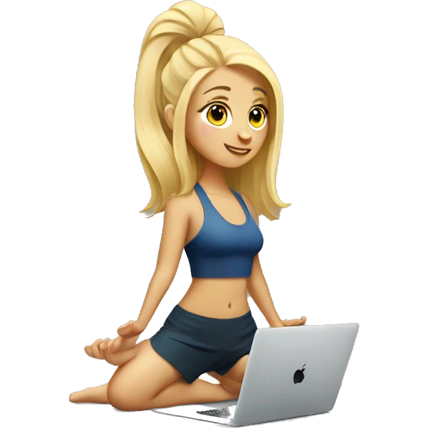  Blonde girl do yoga with Mac book  emoji