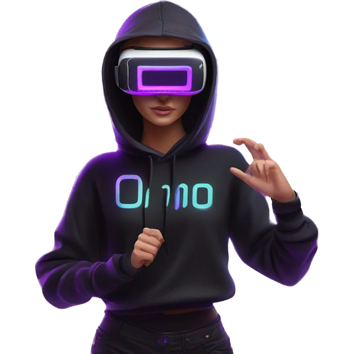 Russian girl wearing black hoody with violet letters "OMG", in vr headset oculus quest2. Standing like jedi. Cyberpunk style. Violet neon. emoji