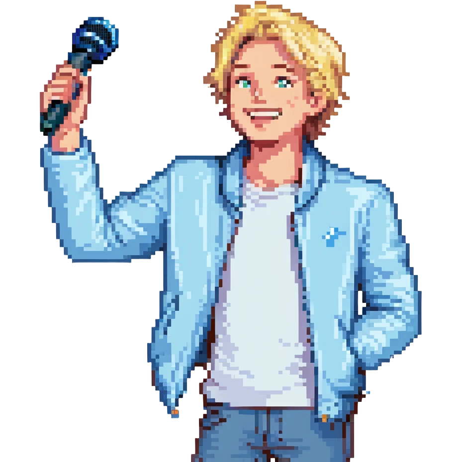 Pixel art style, expressive male performer, Caucasian features, short sandy blonde hair, lively eyes, wide cheerful smile, wearing a sky blue jacket over white tee, tossing a microphone in one hand, waist-up, front-facing emoji