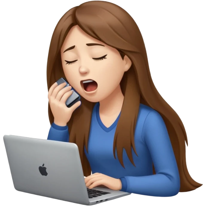 brown hair woman with long straighrt hair holding laptop and yawning from tiredness. looking tired emoji