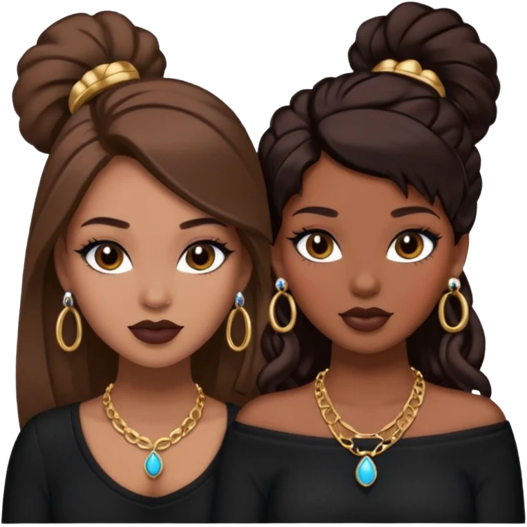 Boujy baddie best friends, trendy heavy makeup both dark hair one light skinned and one mocha brown pretty hair both wearing black and earrings and necklace one mocha brown skin emoji