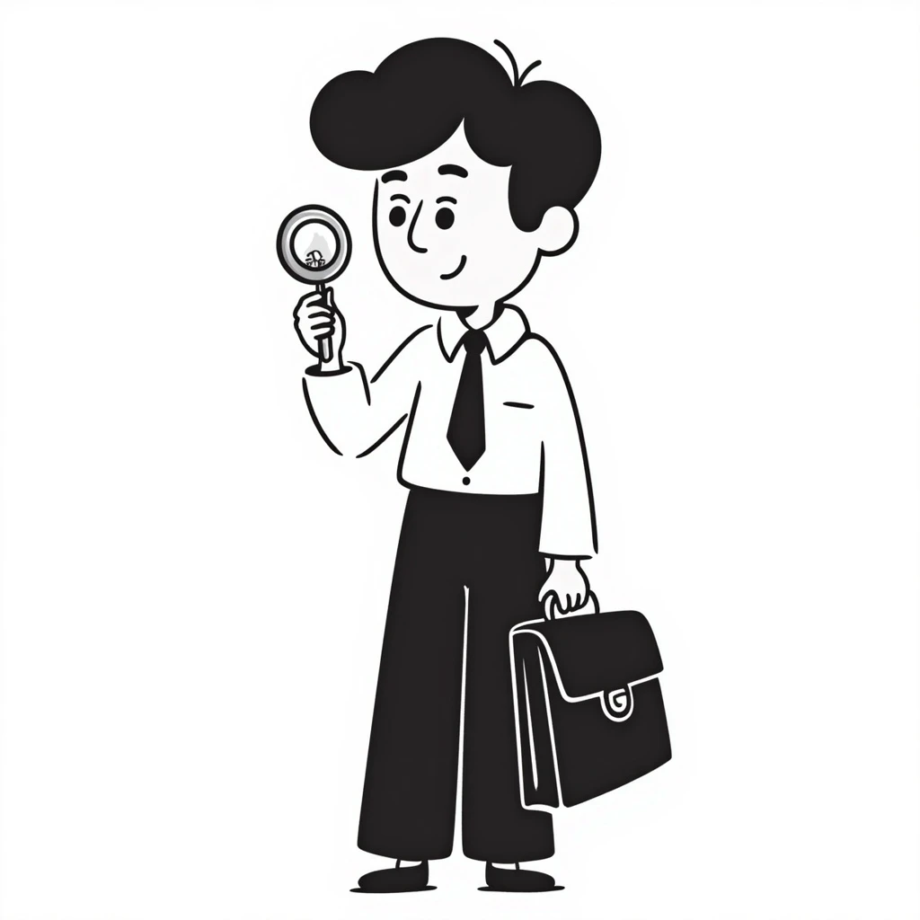schoolboy holding a briefcase, examining something with a magnifying glass, black doodle style emoji