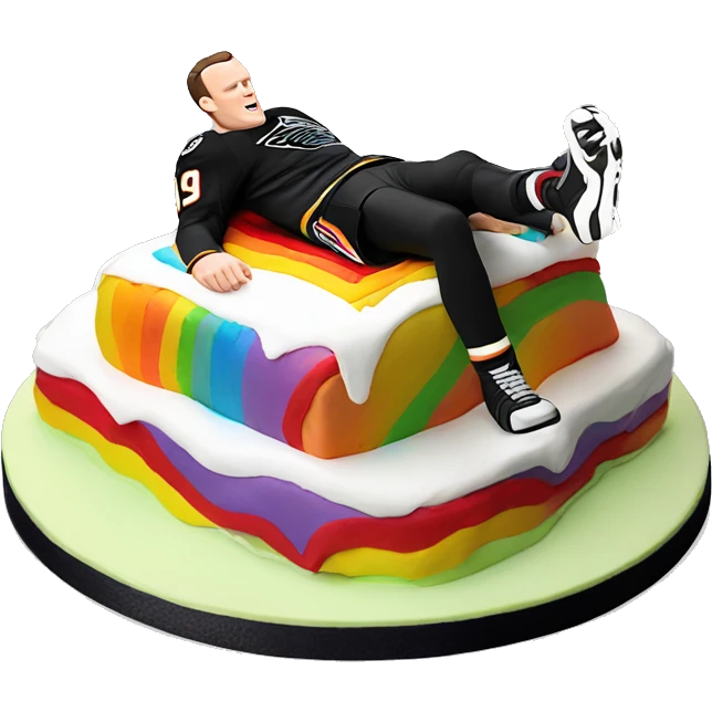 Jonathan Toews laying on a rainbow cake emoji