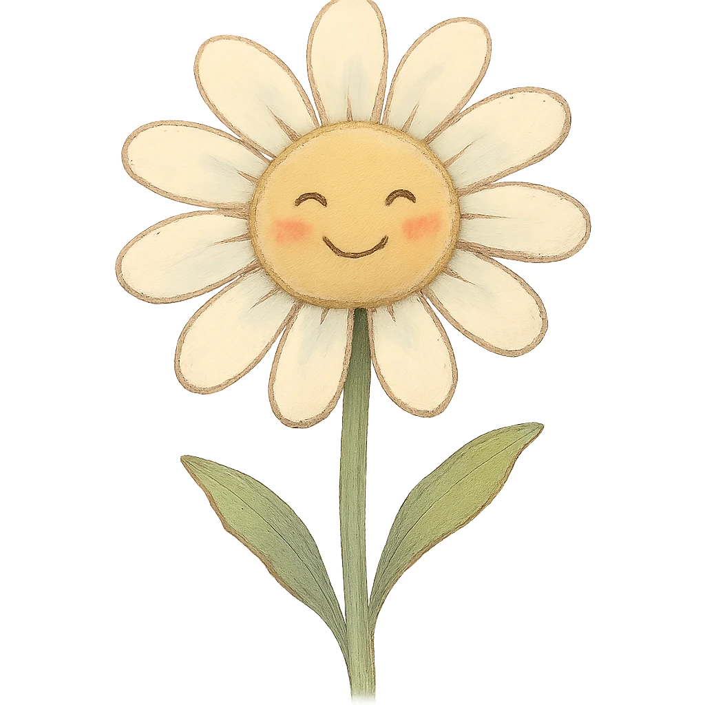 a single white daisy flower, Japanese hand-drawn soft pastel, full object, transparent background, with blushing cheeks emoji