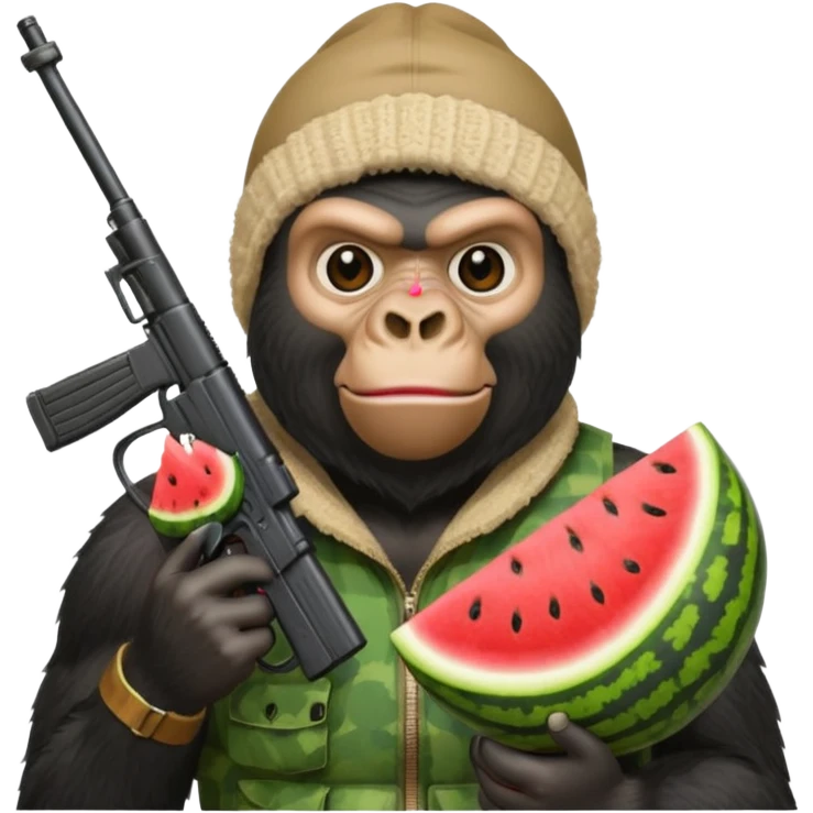 Gorilla with a ski mask holding a watermelon and gun emoji
