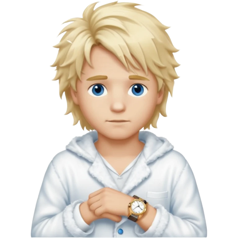 Create a look for a blond boy with long, tousled hair, light eyes, a white sweater, a wealthy appearance, blue eyes, and accessories like a Rolex or Cartier watch, and a cute face with messy hair down. blue eyes + + pajama white fluffy emoji