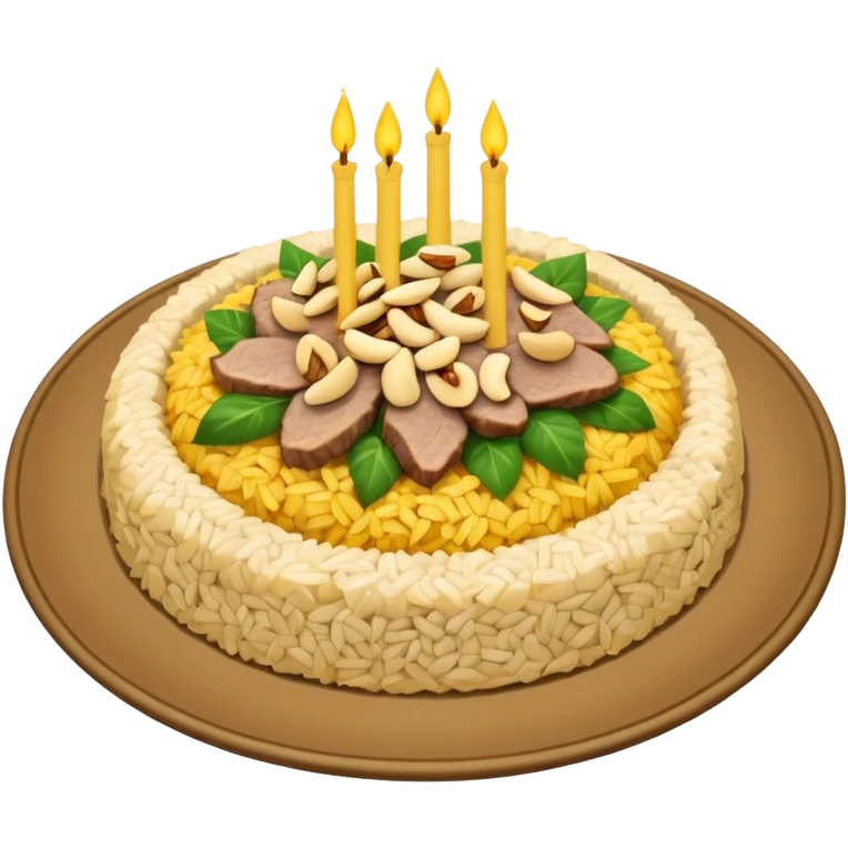 "Emoji of a Jordanian Mansaf dish — round platter with golden rice, lamb pieces, nuts on top, simple cute cartoon style, clean lines, white or transparent background." emoji