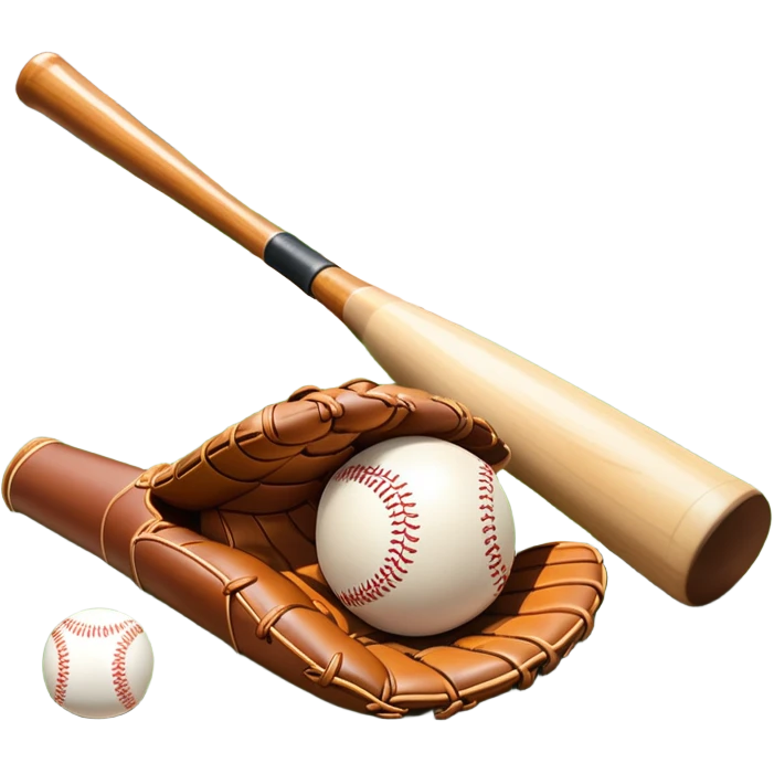A baseball bat, ball, and glove placed on the grass of a baseball field, with the diamond and base lines clearly visible in the background. The scene captures the essence of the sport, with the equipment ready for action on the neatly marked field. emoji