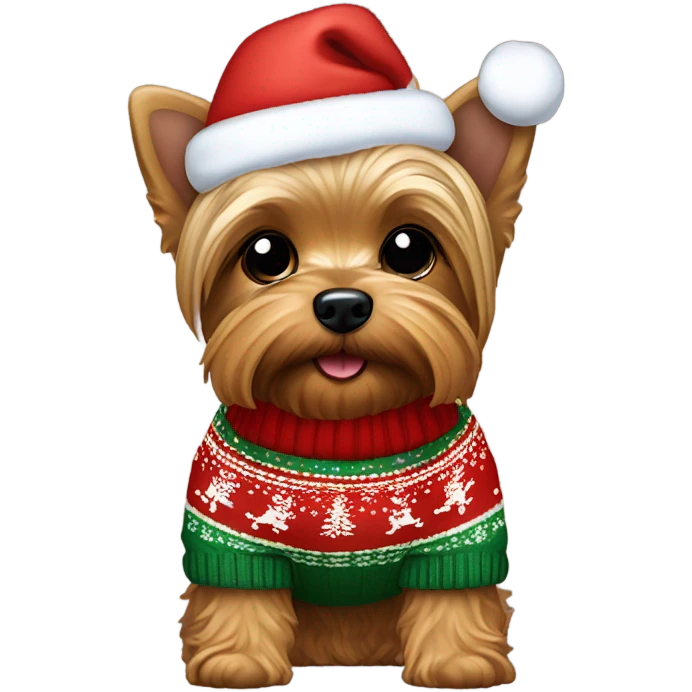 Yorkie Mix wearing a Christmas sweater emoji