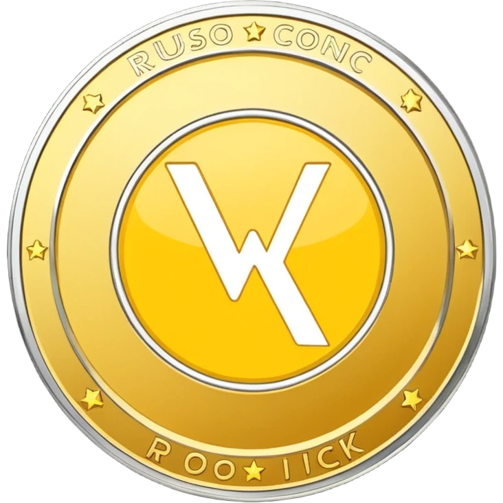 create a yellow coin with logo wajik in the middle and text rusoconnect network around the logo emoji