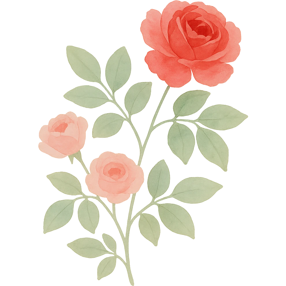 very detailed rose bush with lush green leaves, multiple blooming roses in red and pink, soft gradients, realistic botanical details, watercolor art style emoji