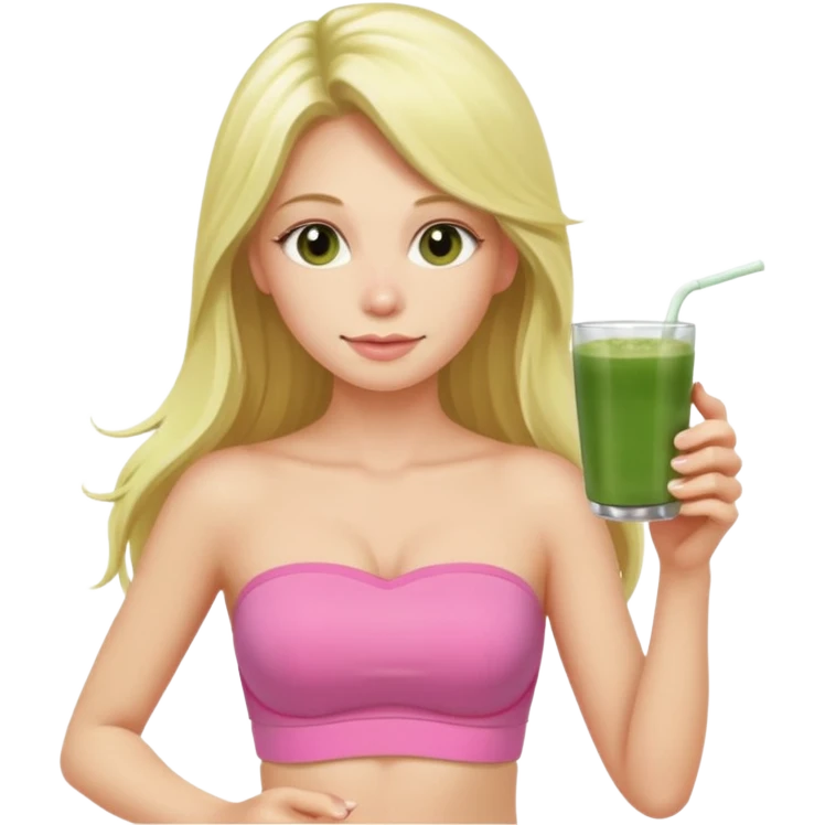 long haired blonde pilates instructor in pink drinking matcha in cute set with no straps standing emoji