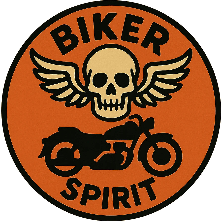 circular design for motorcycle cap, transparent background, text 'Biker Spirit' in English, spiritual style, motorcycle motifs like skull, wings, motorcycle emoji