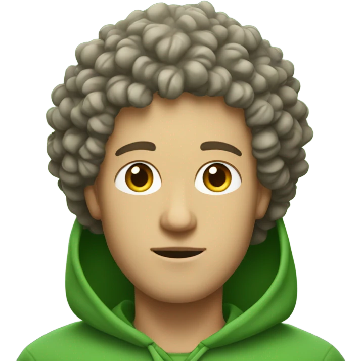 White guy with curly hair in green hoodie with leafs on his head emoji