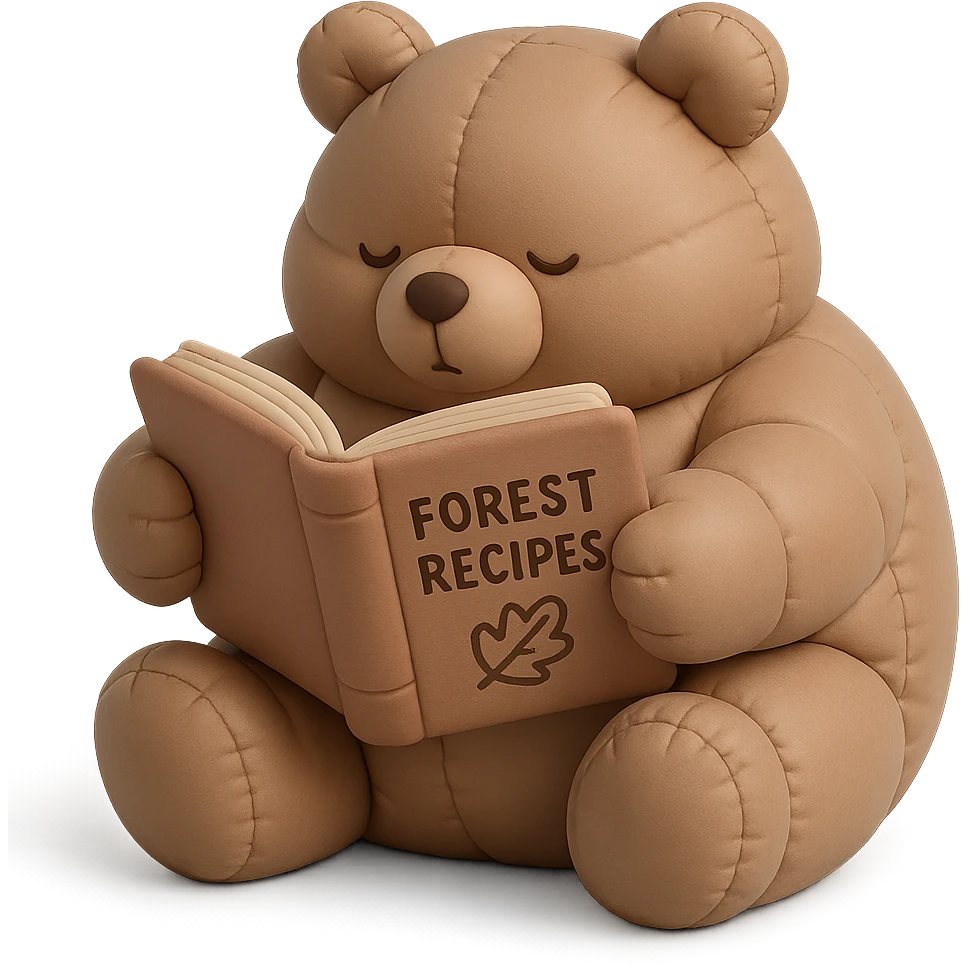 chubby bear reading a forest recipe book, muted warm tones, cushion style emoji