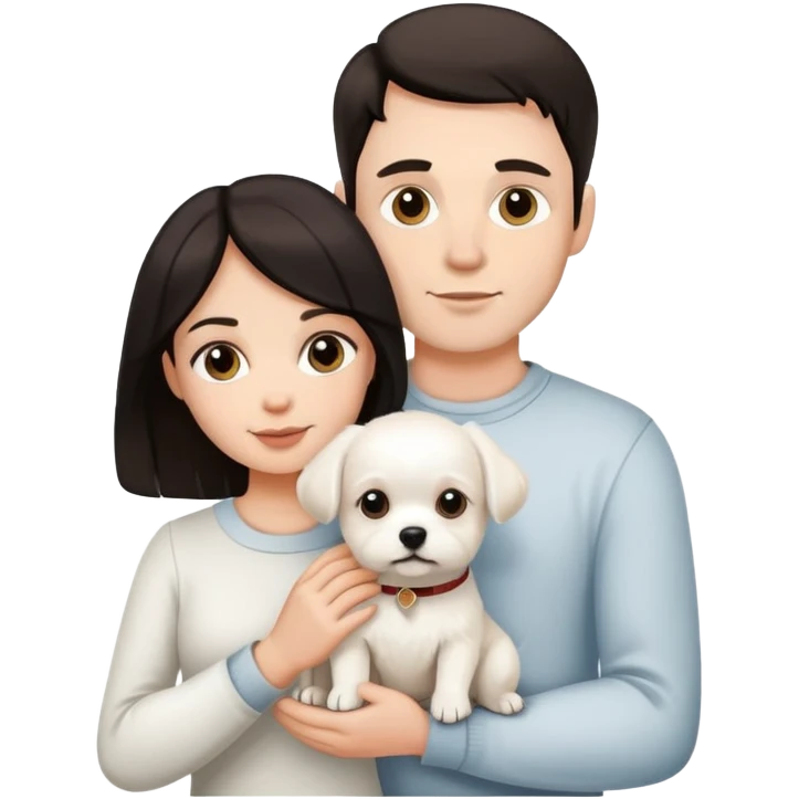 white male and female couple with dark hair holding white little dog  emoji