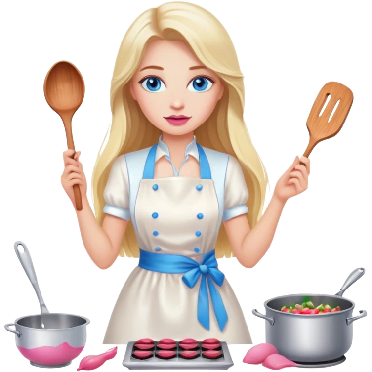 Cinematic realistic beautiful blonde with long hair, blue eyes and pink lips in a white dress cooks emoji