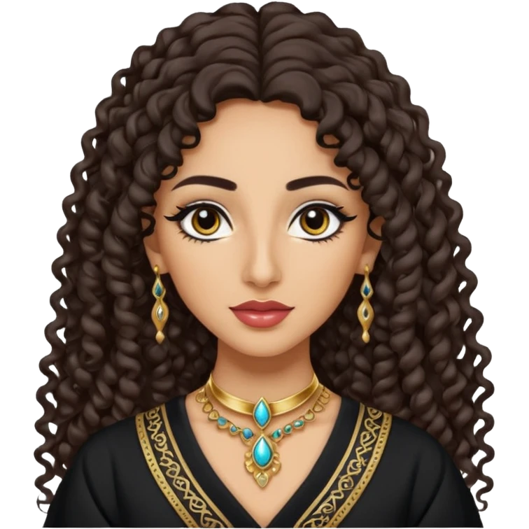 pretty bratz baddie emoji with arabian nose, pretty lips, light skin, long curly hair, black eyeliner, wearing arabian clothes emoji