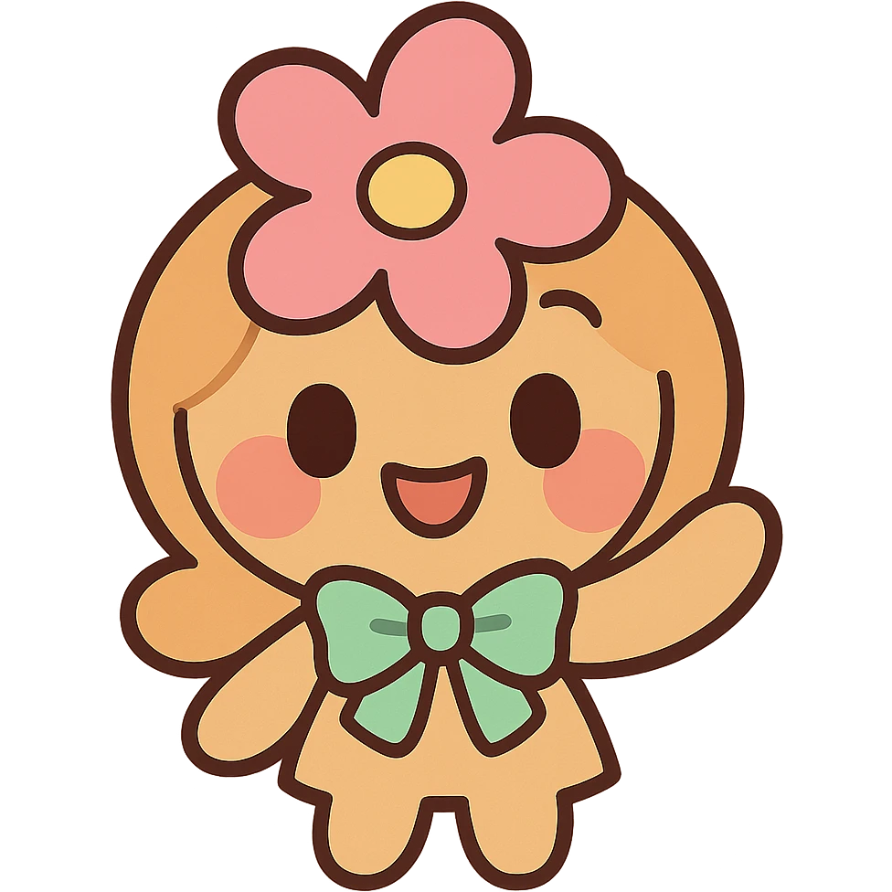 blossom cookie character, chibi style, pastel colors, smiling emoji