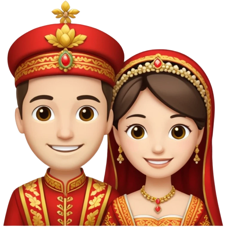 bride and groom in traditional outfit and smiling emoji