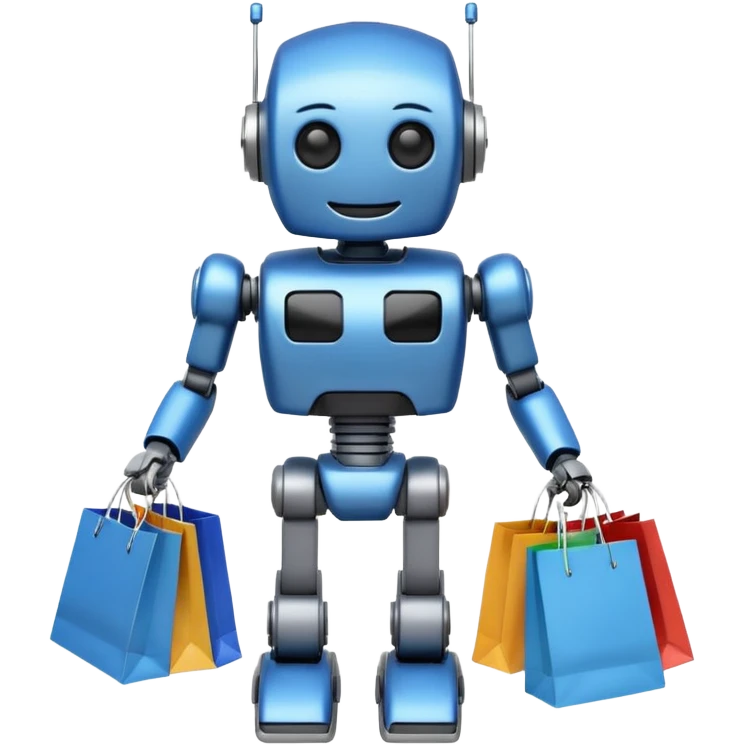 black friday robot with blue and metalic colours with bags in his hands smiling emoji