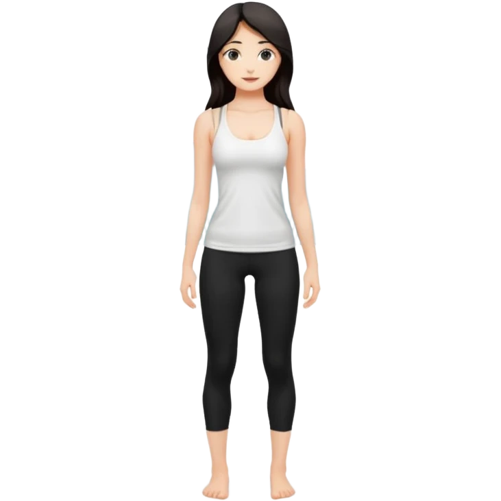Девушка белокожая на боковой дорожке, с длинными темными волосами, в одежде для йоги - черные лосины, белый топ на тонких лямках, emoji