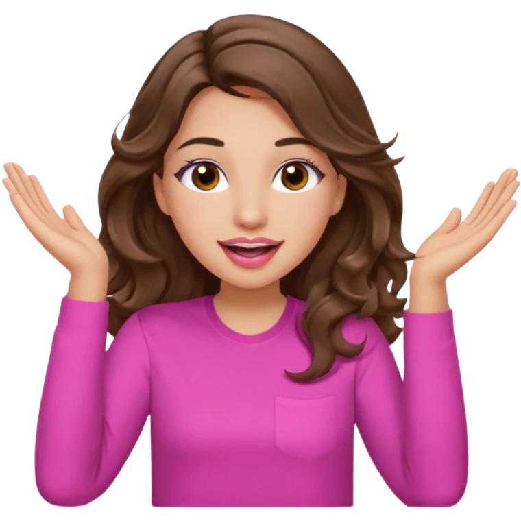 girl with long wavy brown hair, brown eyes, light to medium complexion, in a pink shirt, pink lips, long lashes, puckered lips, both hands in teh air emoji