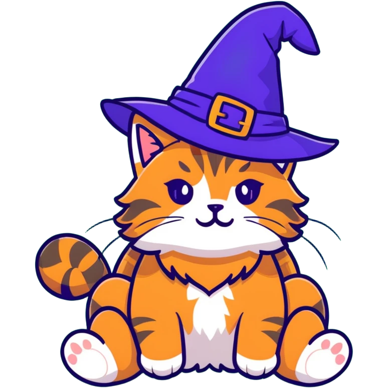 full body Maine coon ginger tabby cat flopped over on her back wearing an indigo witch hat emoji