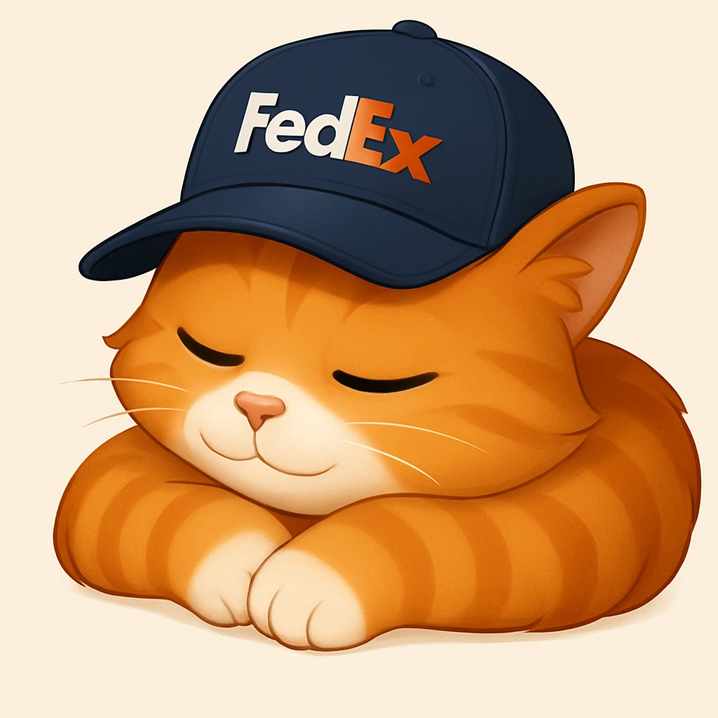sleeping cat emoji with a FedEx uniform cap in a different pose emoji
