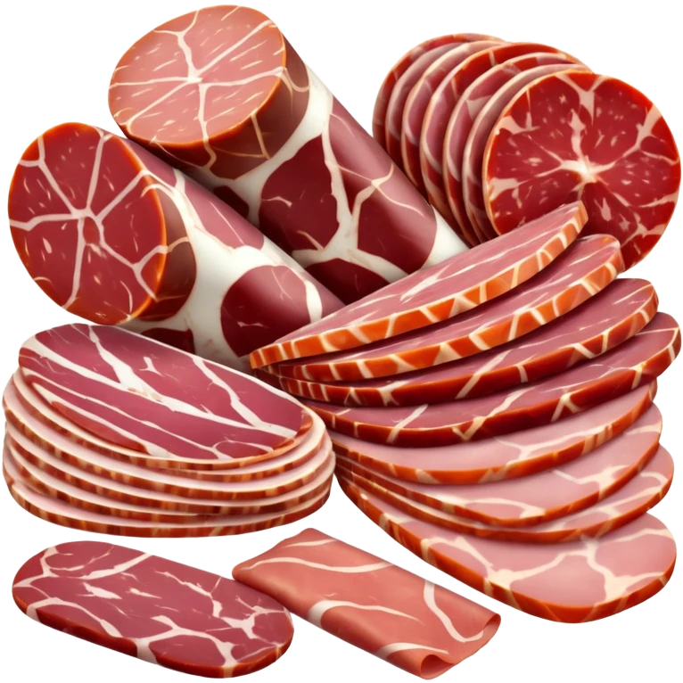 assorted cured meats, small arrangement of thinly sliced salami, prosciutto, and ham, slices vary in shape, marbling, and color from deep red to pale pink with white fat streaks, natural folds and curls, clean 3D look, soft lighting, no plate or garnish, no faces emoji