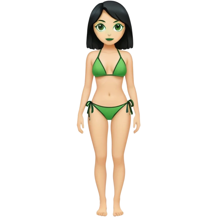 Full body green skin witch woman with black hair wearing bikini emoji