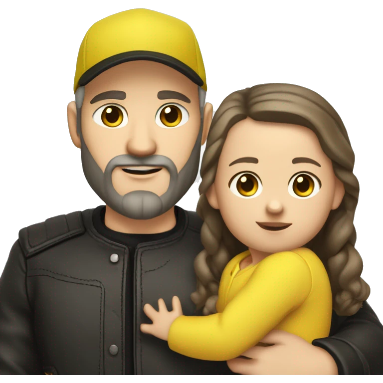 White-skinned slavic man with stubble, gray beard, brown hair, black eyes, black Reebok cap, leather jacket, holding infant girl in yellow dress with yellow bow. emoji