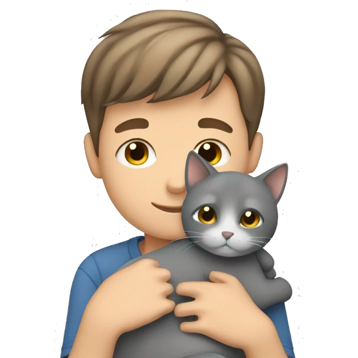 Boy with short brown hair cuddling grey cat emoji